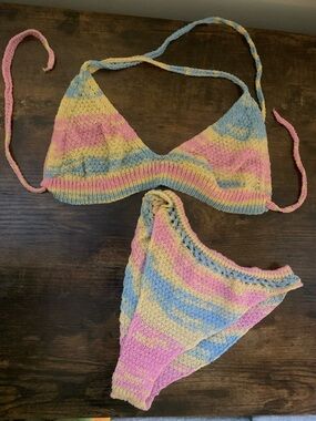 SHEIN Pastel Pink Blue Yellow Crochet Bikini Set